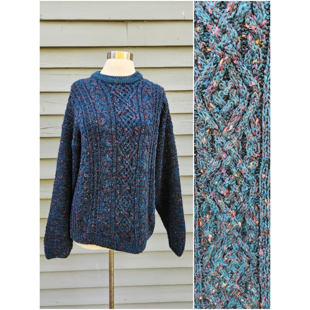 Vintage 90s Etchings Sweater Teal Blue Rainbow Confetti Cable Knit Unisex Md